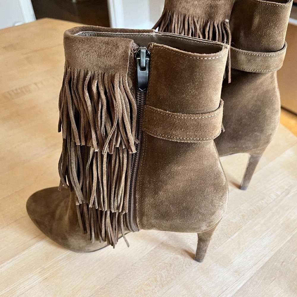 Via Spiga Brown Suede Fringe Booties